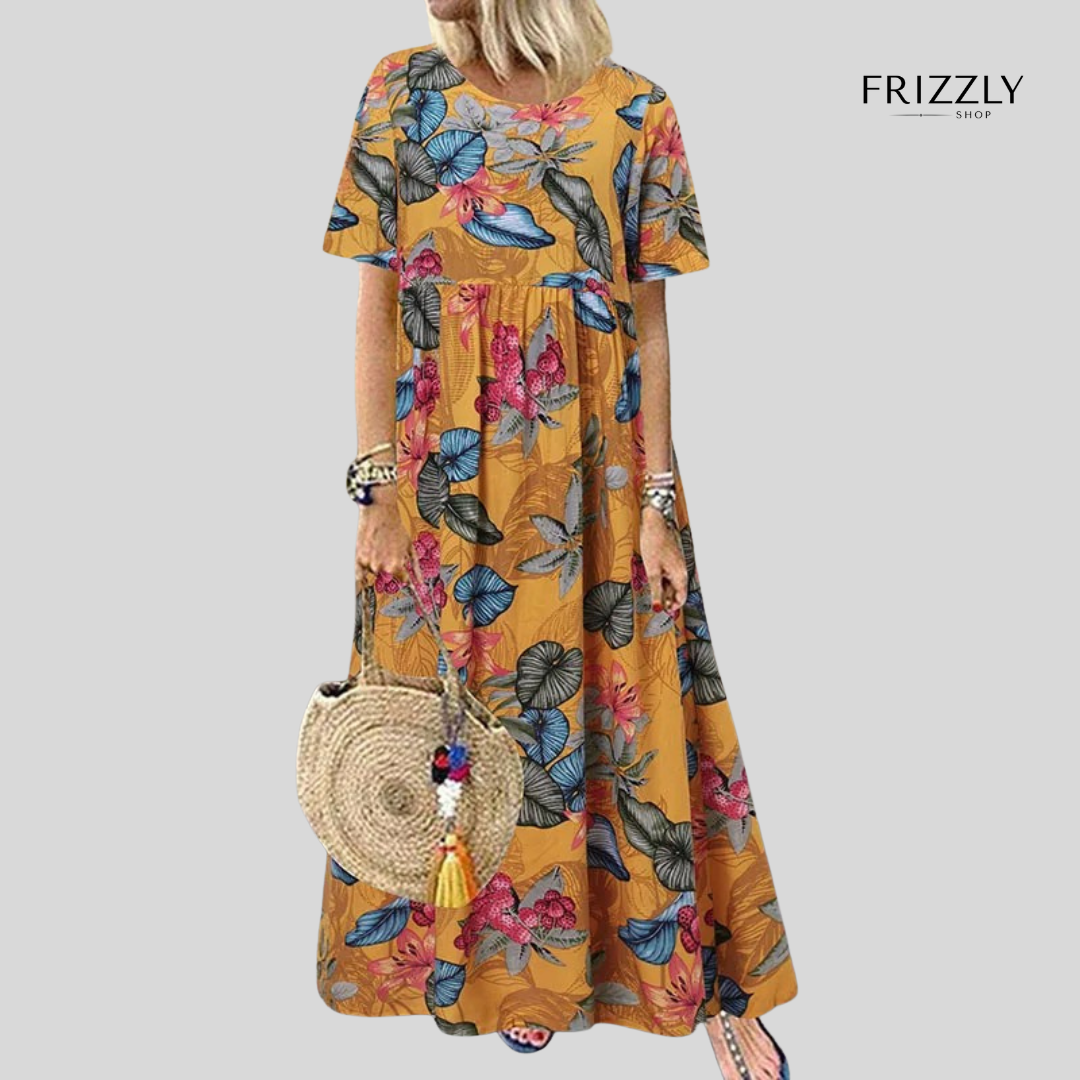 MARISA™ - ABITO LUNGO DA DONNA A MANICHE CORTE, STILE BOHO, CON STAMPA FLOREALE