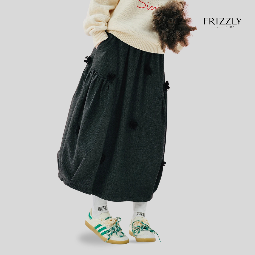 MICHAELA™ — GREY HALF-LENGTH WINTER SKIRT WITH 3D FLORAL DESIGN