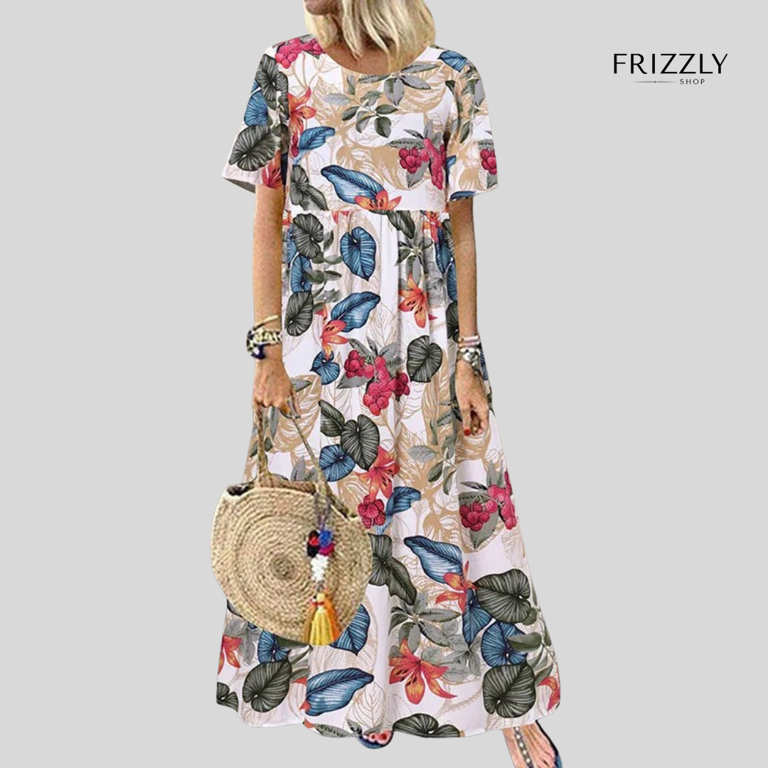 MARISA™ - ABITO LUNGO DA DONNA A MANICHE CORTE, STILE BOHO, CON STAMPA FLOREALE