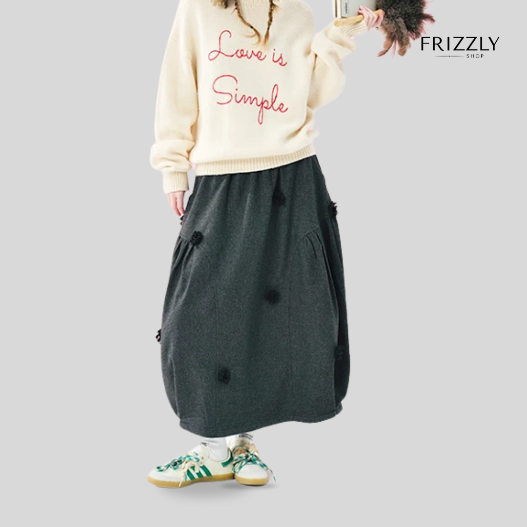 MICHAELA™ — GREY HALF-LENGTH WINTER SKIRT WITH 3D FLORAL DESIGN