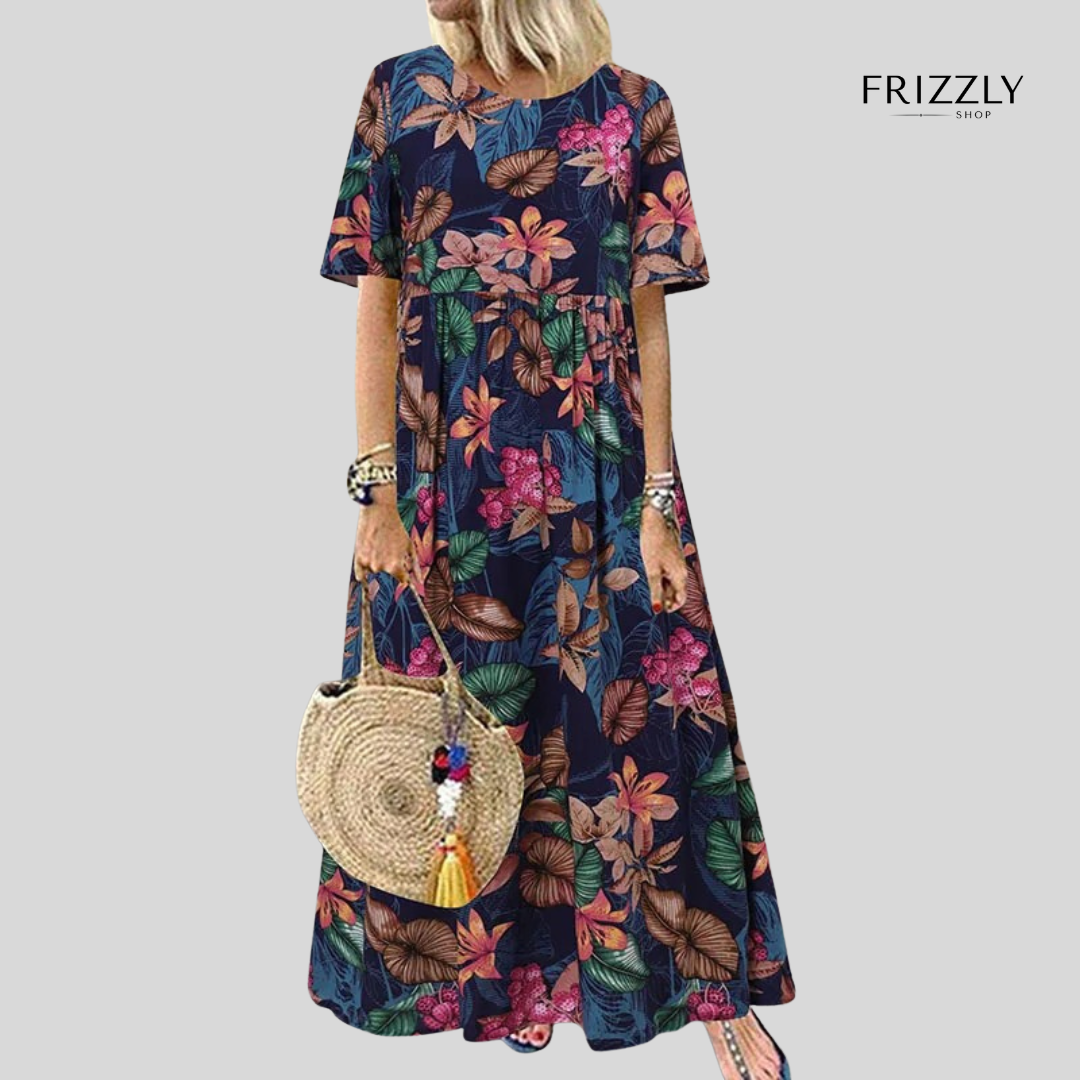 MARISA™ - ABITO LUNGO DA DONNA A MANICHE CORTE, STILE BOHO, CON STAMPA FLOREALE