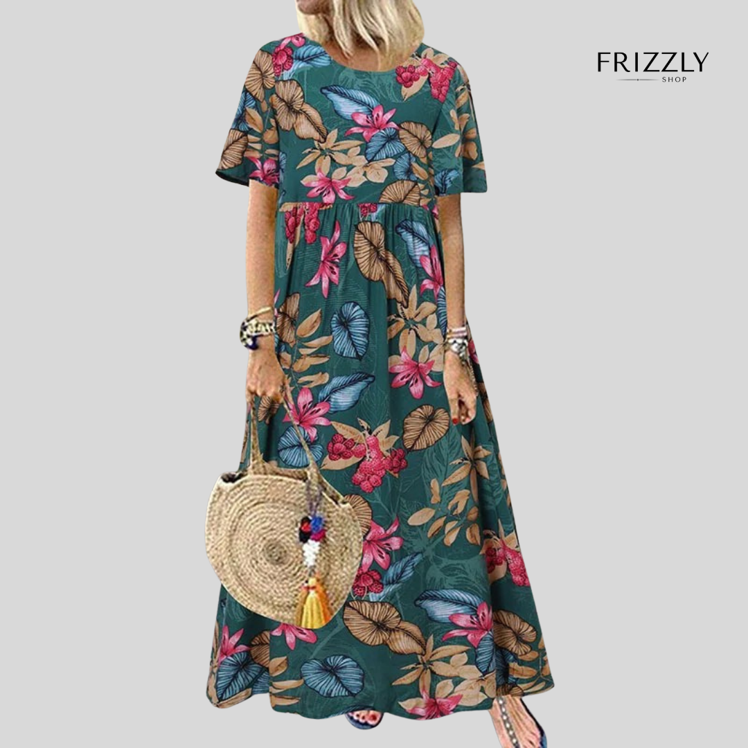 MARISA™ - ABITO LUNGO DA DONNA A MANICHE CORTE, STILE BOHO, CON STAMPA FLOREALE