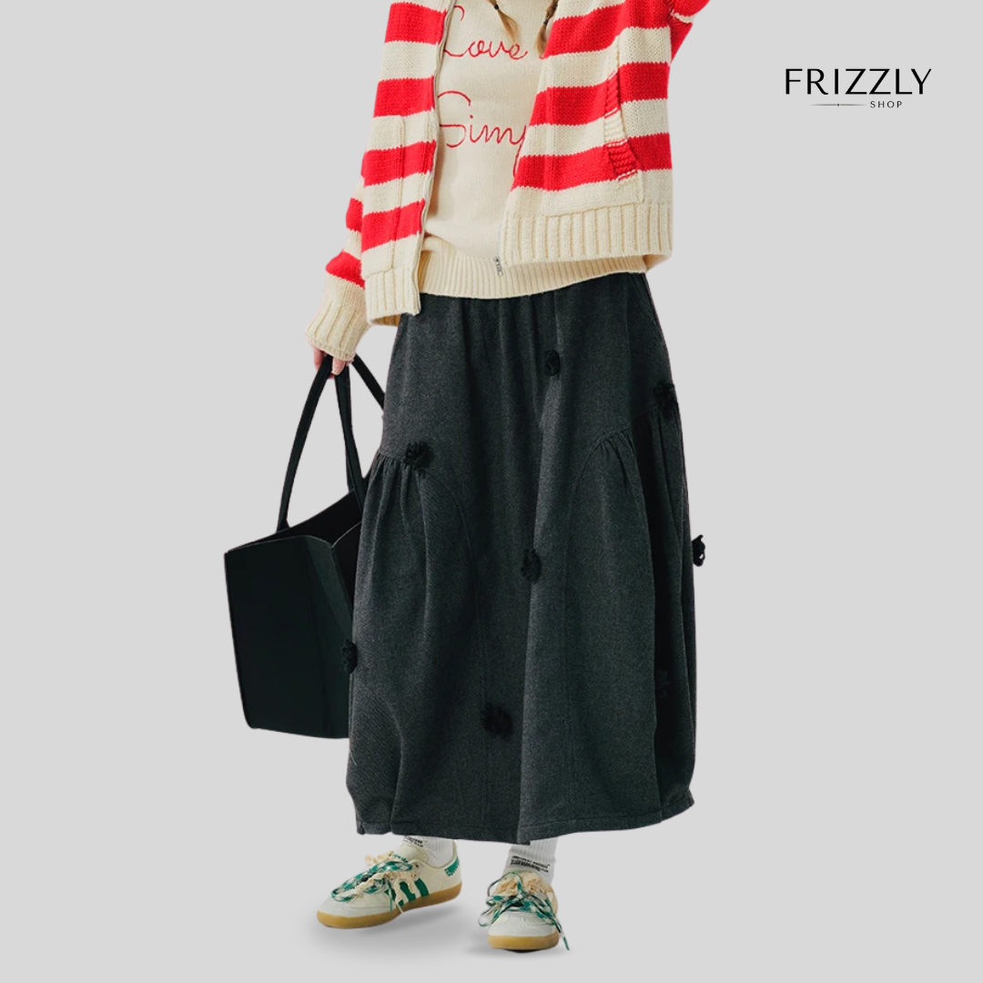 MICHAELA™ — GREY HALF-LENGTH WINTER SKIRT WITH 3D FLORAL DESIGN